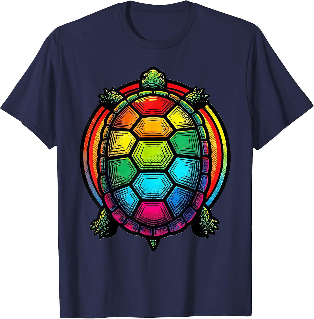 Rainbow Mosaic Turtle Shell Graphic Tee T-Shirt - Navy Blue