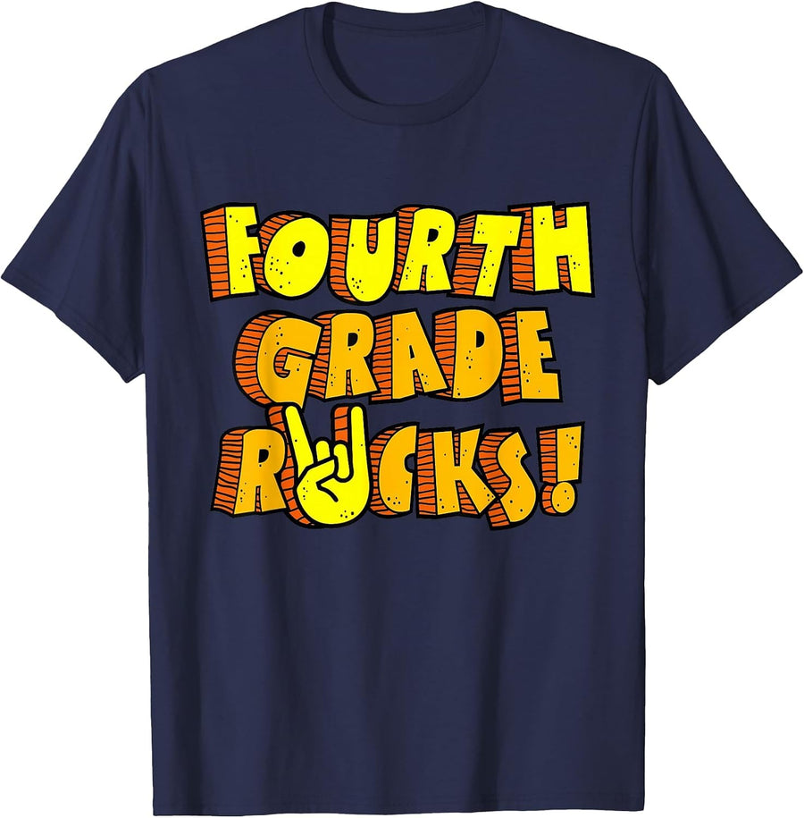 Fourth Grade Rocks Retro Shirt Team 4th Grade Teacher Kids T-Shirt - Navy Blue