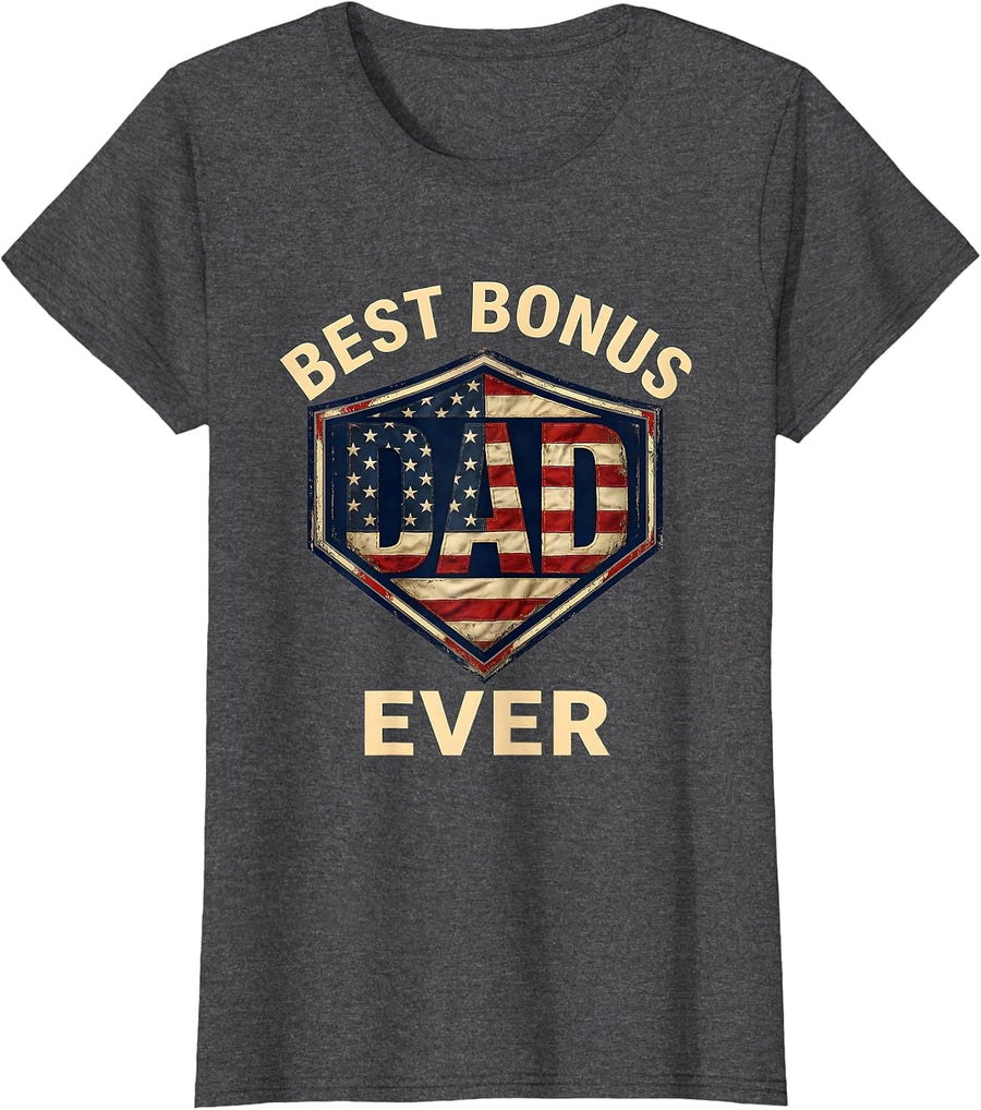 Women's Best Bonus Dad Ever Patriotic Crest American Flag Fathers T-Shirt - Dark Heather Grey