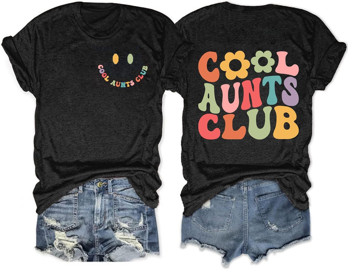 Aunt Shirts for Women Cool Aunts Club T-Shirt Auntie Letter Print Tee Casual Short Sleeves Tops - Black