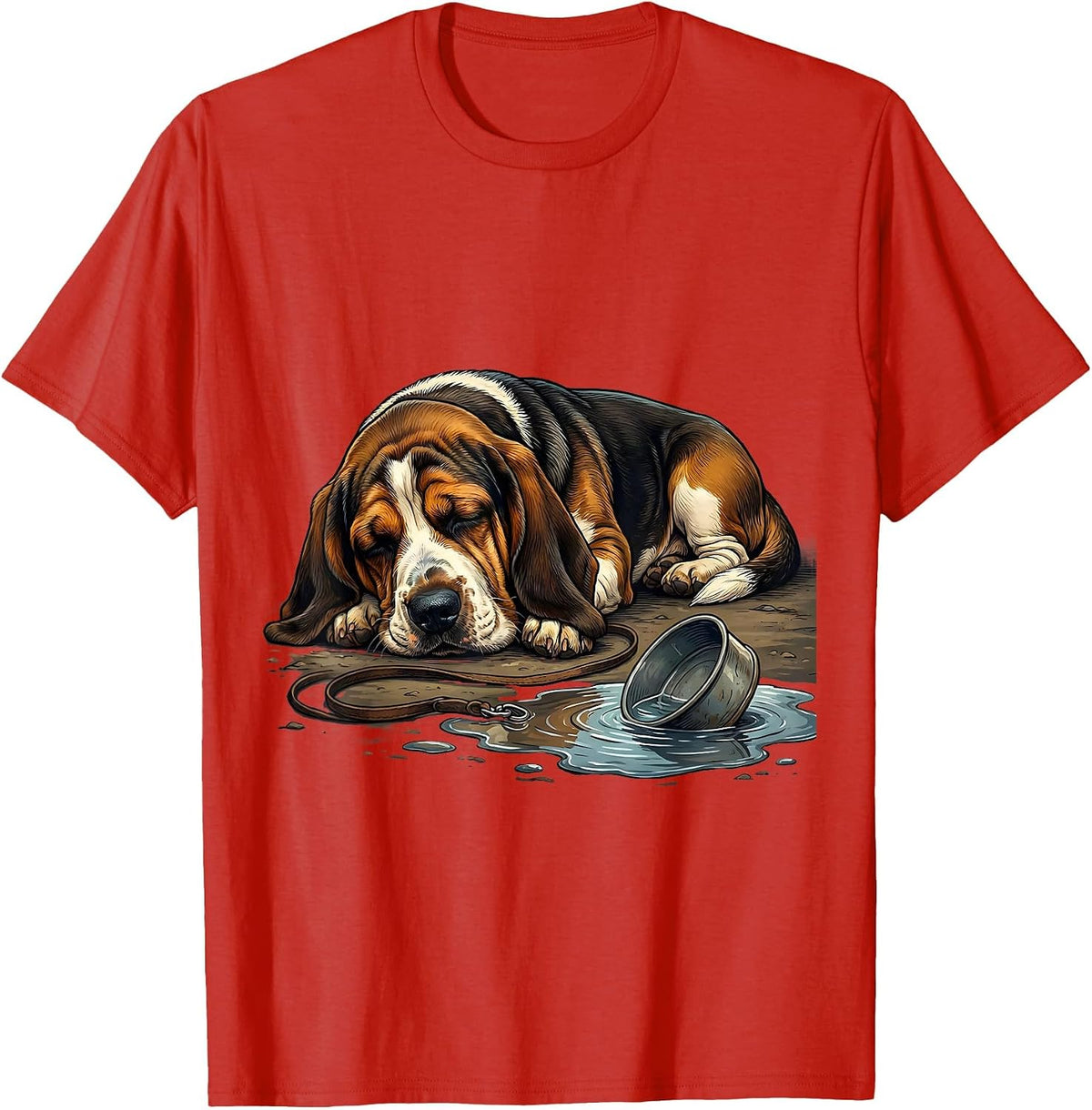 Men's Basset Hound Sleeping Beside Water Bowl Deadpan Humor T-Shirt - Red