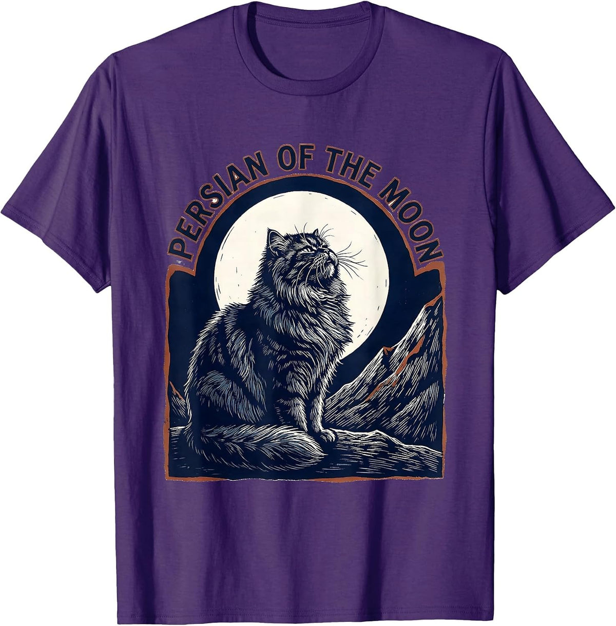 Men's Persian Of The Moon Linocut Cat Lover Retro Humor T-Shirt - Purple
