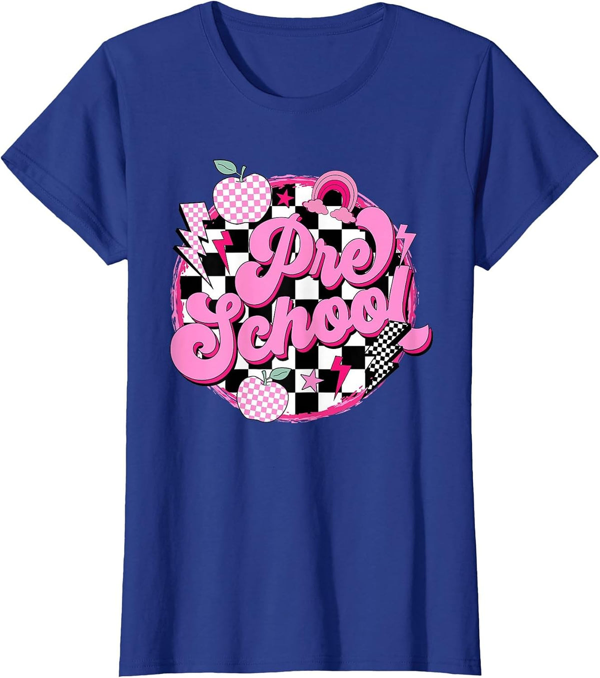 Preschool Teacher Women Retro Checkered First Day of School T-Shirt - Royal Blue