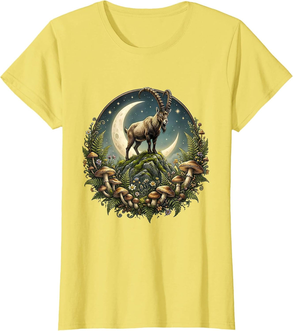 Mountain Goat Rocky Peak Wildlife Illustration T-Shirt - Lemon Yellow