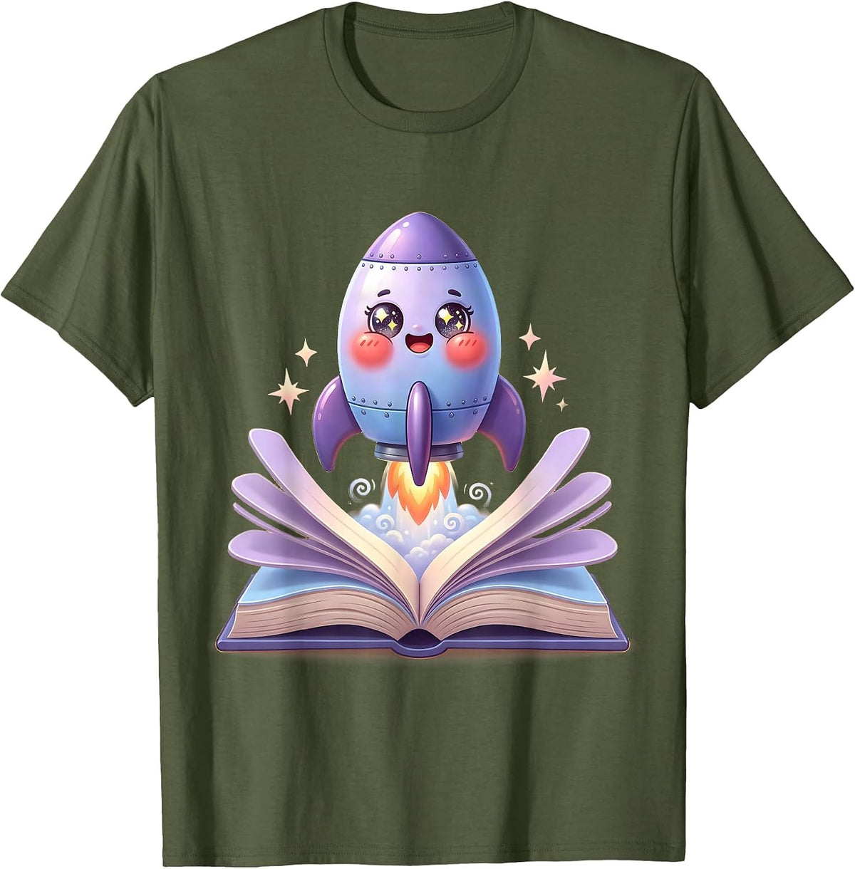 ADHD Awareness Rocket Book Launch Illustration T-Shirt - Olive Green
