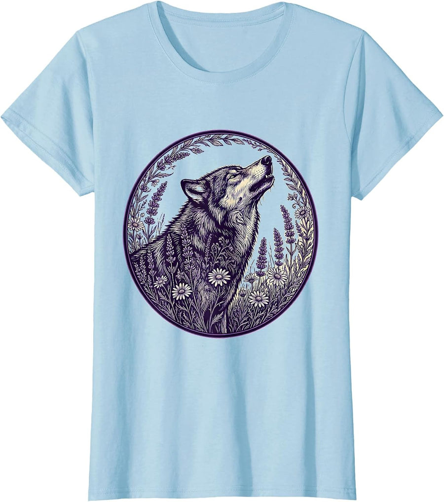 Women's Autism Awareness Wolf Howling Wildflower Silhouette T-Shirt - Baby Blue
