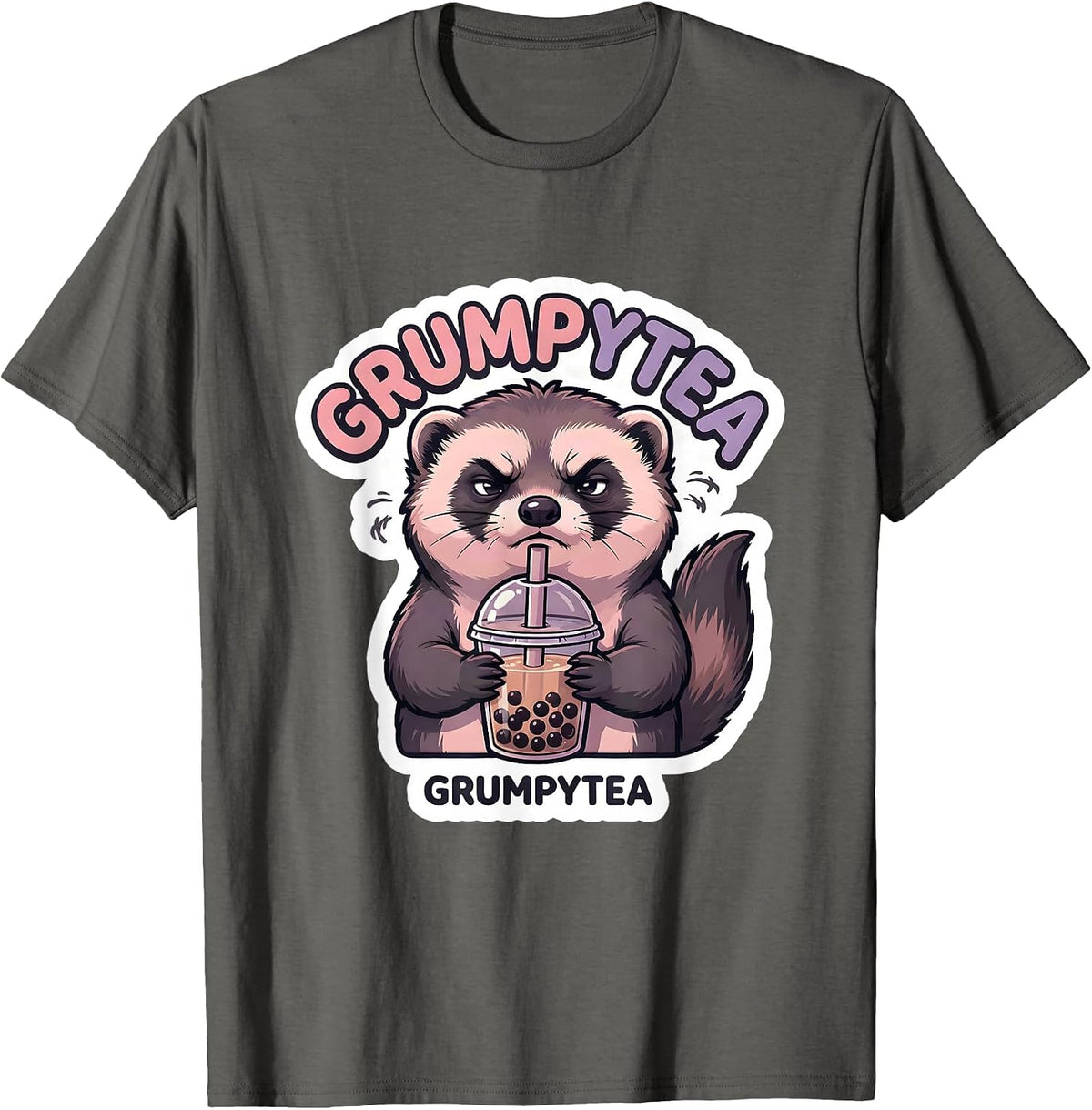 Grumpytea Kawaii Ferret Boba Tea Anime Aesthetic Sticker T-Shirt - Asphalt Grey