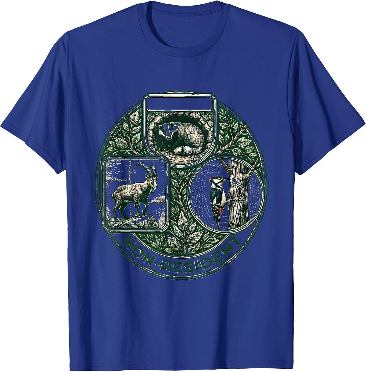Non-Resident Toile Narrative Forest Wildlife Mountain Humor T-Shirt - Royal Blue