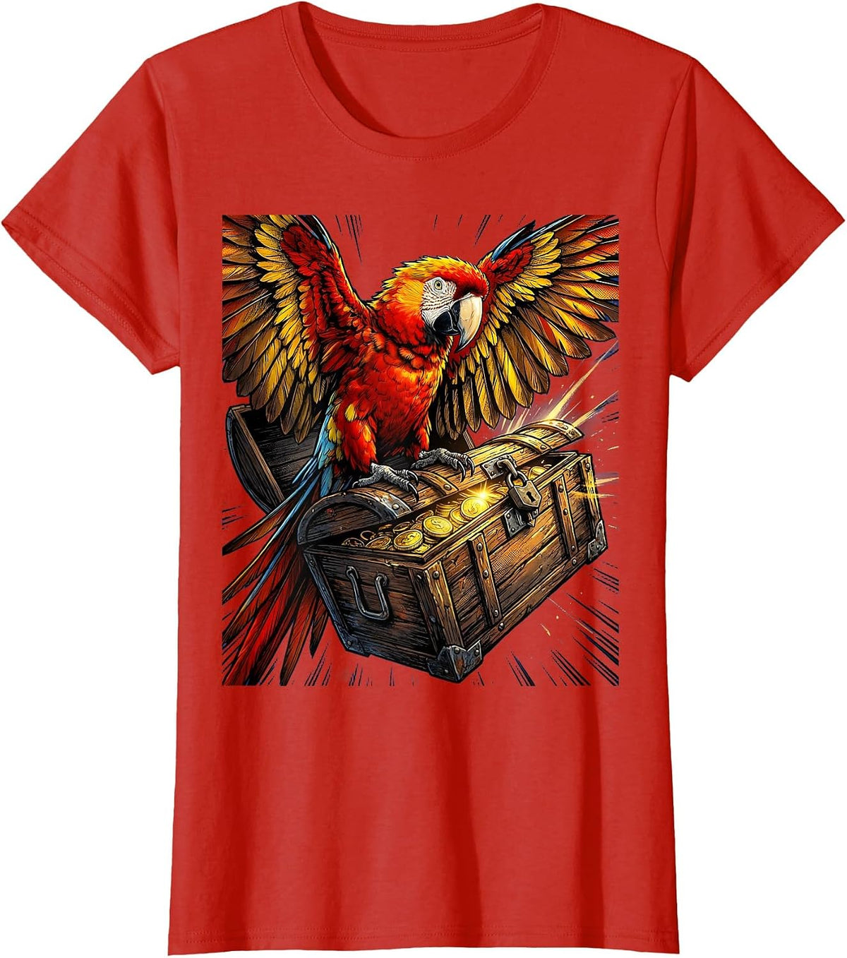 Pirate Parrot on Treasure Chest Illustration T-Shirt - Red