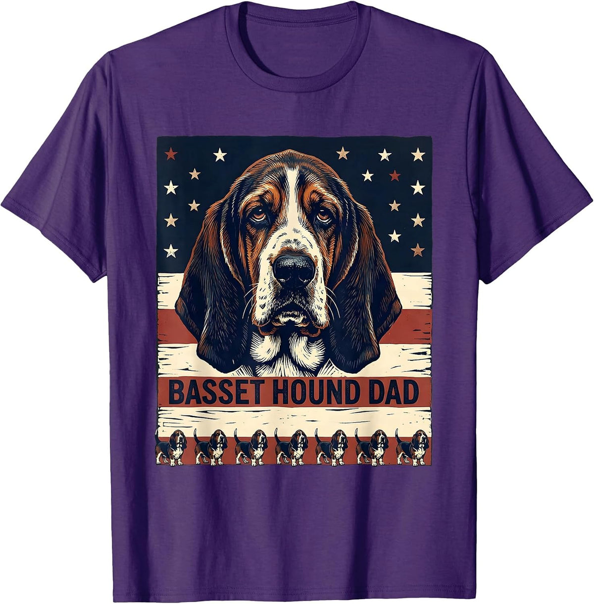 Basset Hound Dad Patriotic Linocut Dog Breed Pride T-Shirt - Purple