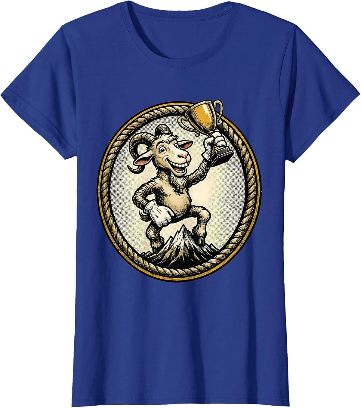 Women's Goat on Mountain Peak Holding Trophy Illustration T-Shirt - Royal Blue