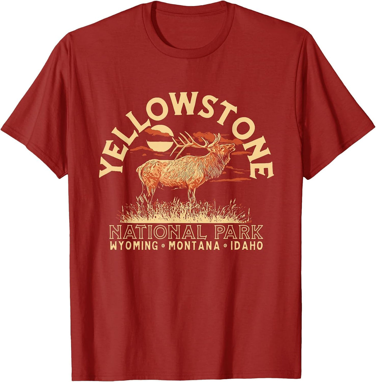 Vintage Elk Bugling Yellowstone National Park Retro T-Shirt - Cranberry Red