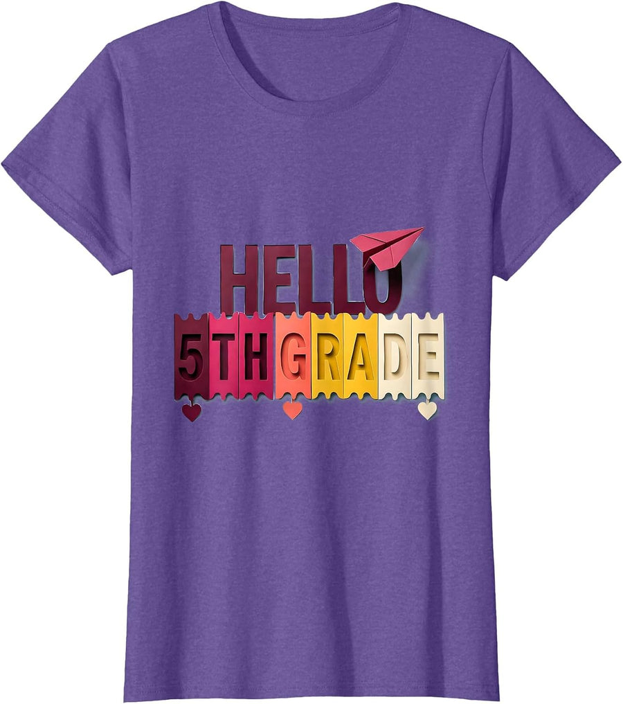 Women's Hello 5th Grade Paper Cutout Back To School Teacher Girl T-Shirt - Purple Heather