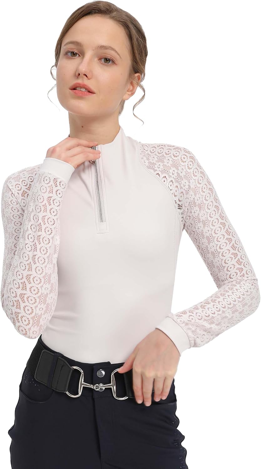 Show Shirt for Horse Riding, Long Sleeve Equestrian Shirt - Limestone White