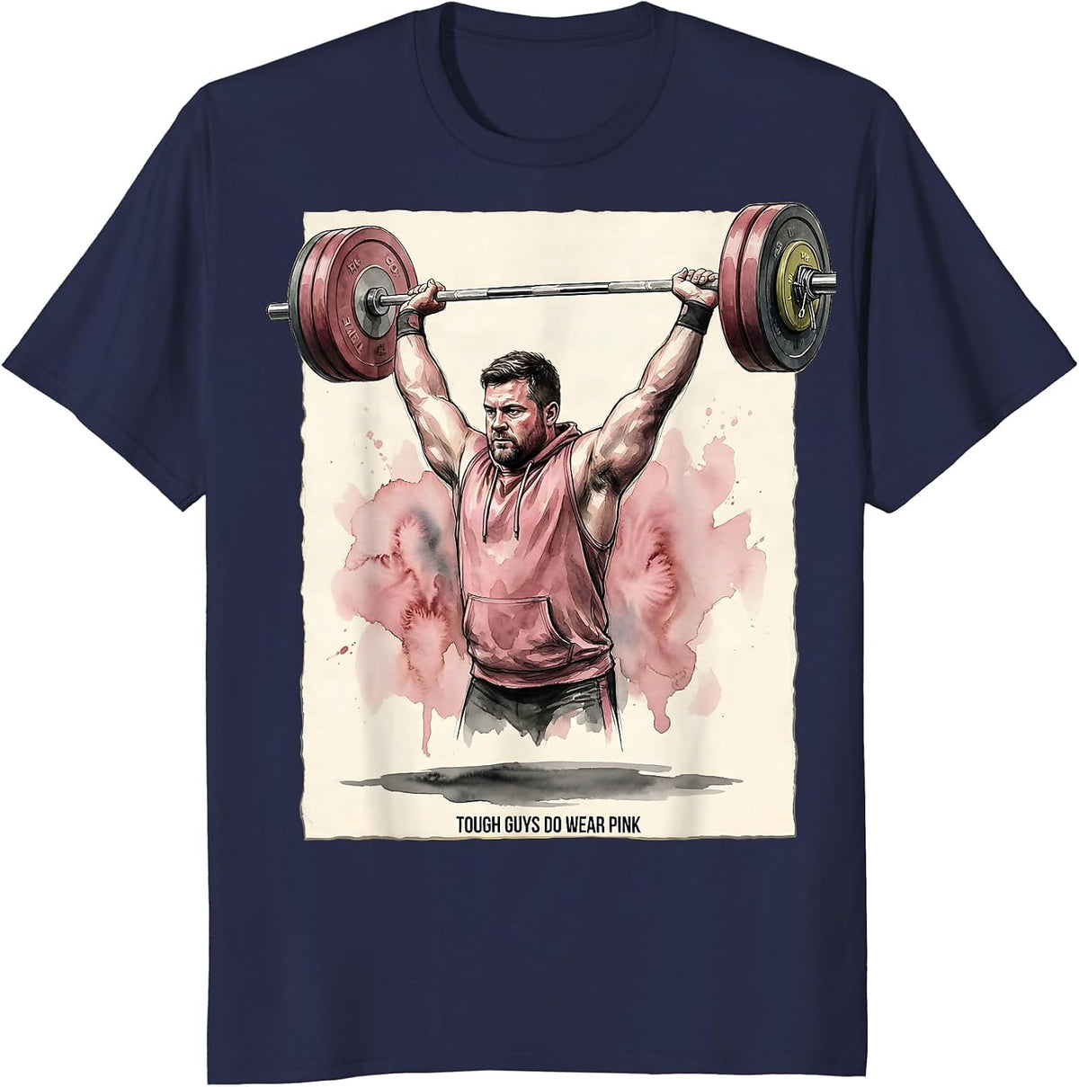 Men's Tough Guys Do Wear Pink Funny Weightlifter Watercolor Cancer T-Shirt - Navy Blue