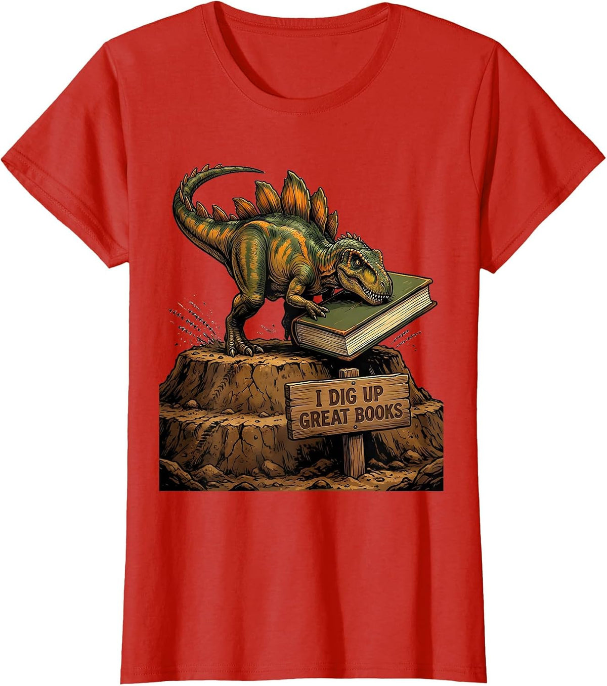 I Dig Up Great Books Funny Dinosaur Bookworm Kids Librarian T-Shirt - Red