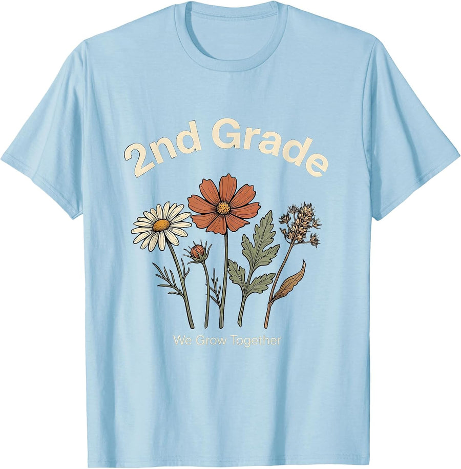 Men's 2nd Grade We Grow Together Wildflower Teacher Back To School T-Shirt - Baby Blue