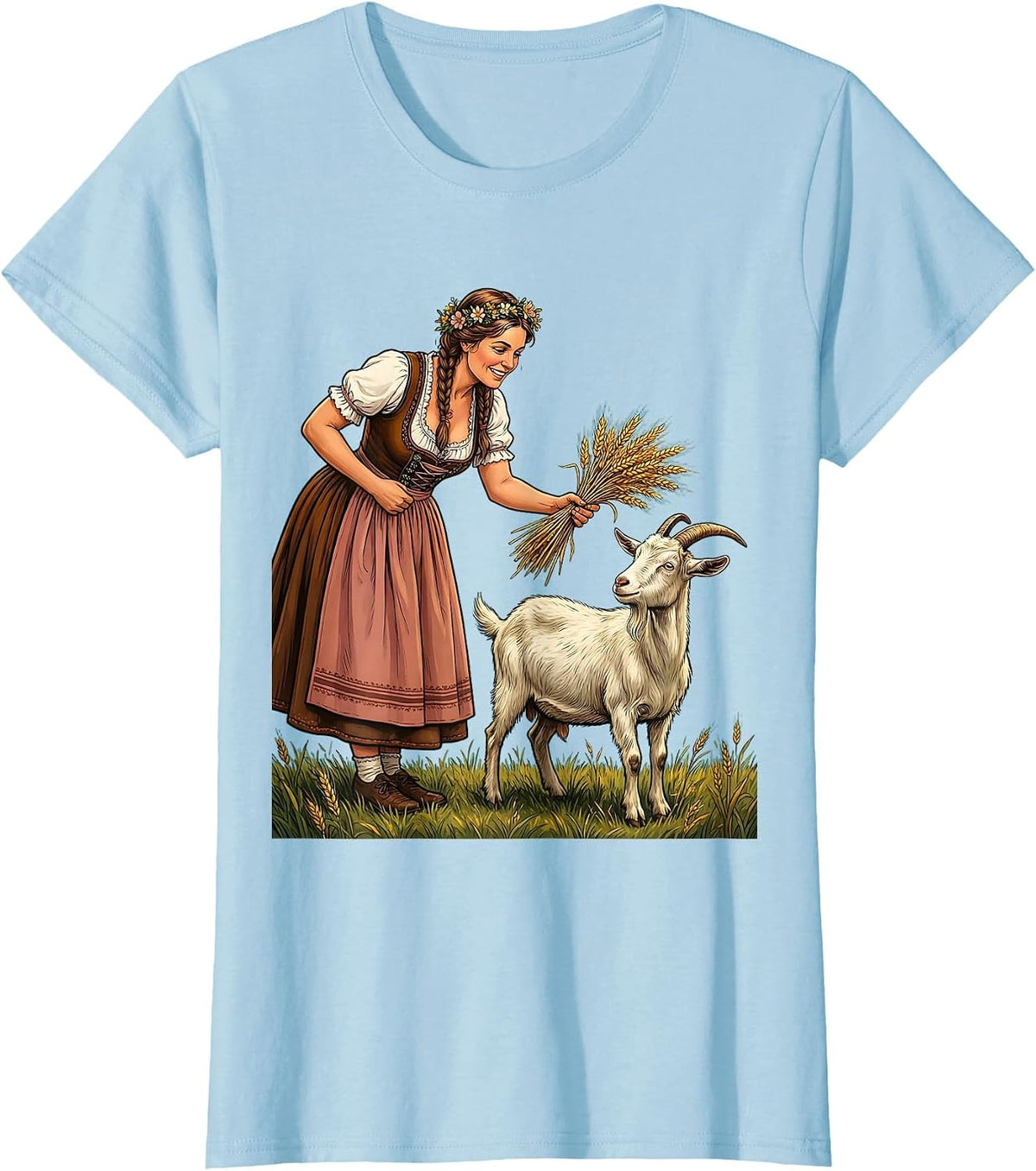 Women's Oktoberfest Dirndl Goat Feeding Illustration T-Shirt - Baby Blue