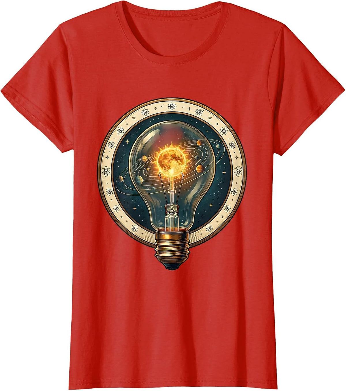 Women's Science Teacher Solar System Light Bulb Design T-Shirt - Red