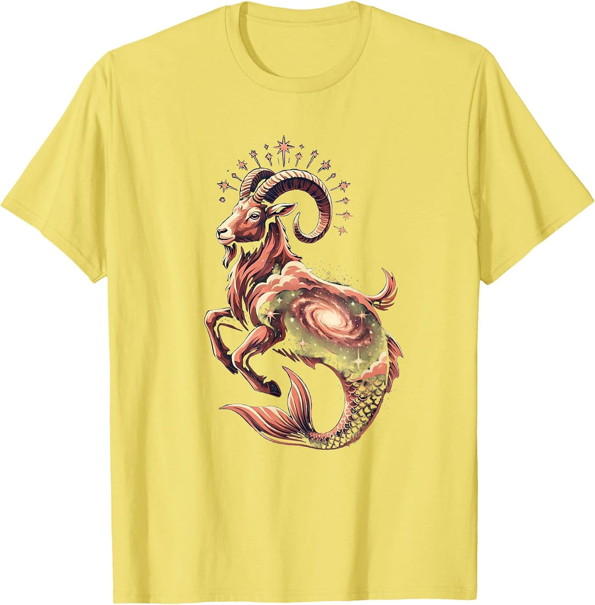 Men's Capricorn Celestial Goat Galaxy Zodiac Illustration T-Shirt - Lemon Yellow