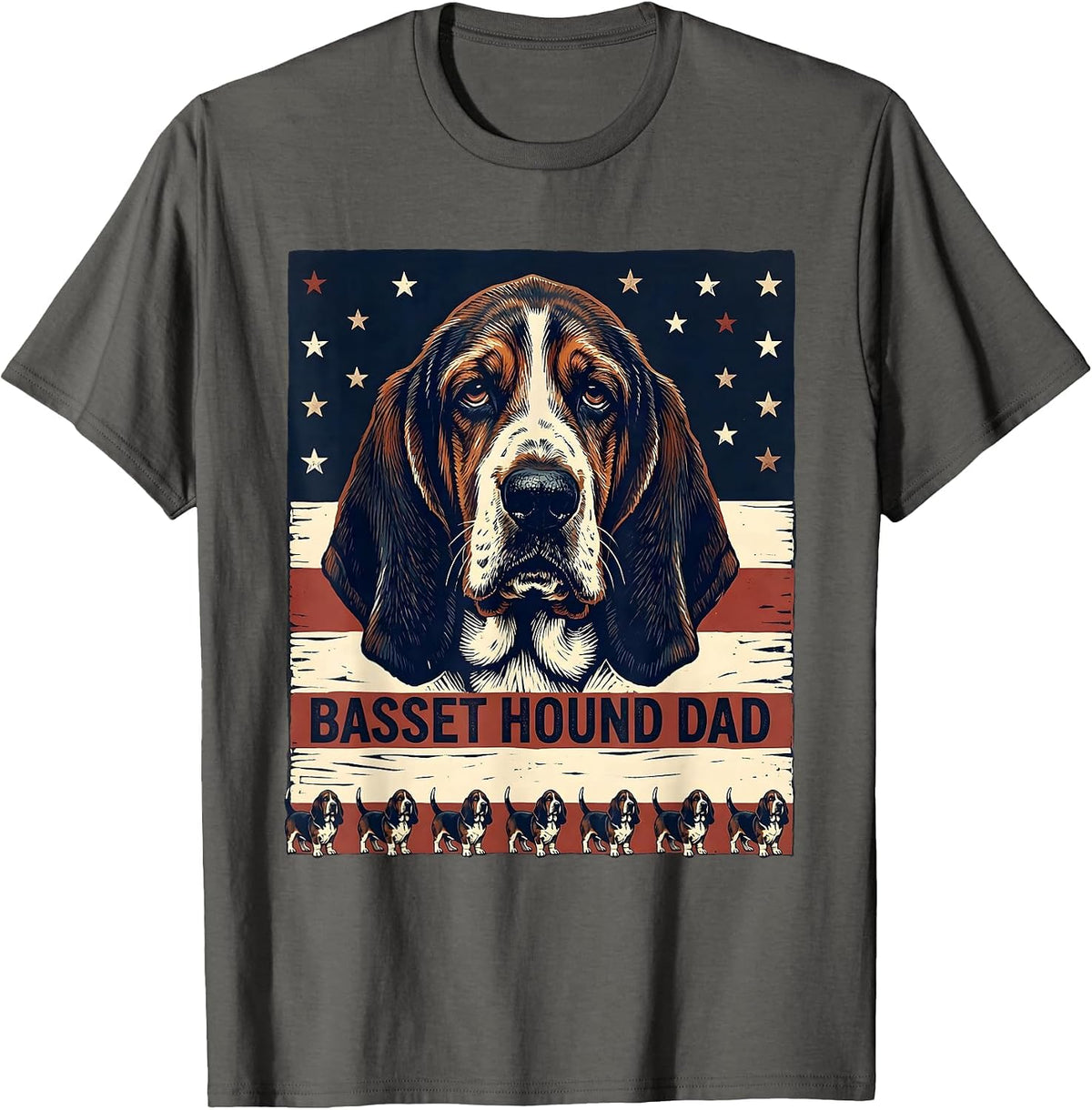 Basset Hound Dad Patriotic Linocut Dog Breed Pride T-Shirt - Asphalt Grey