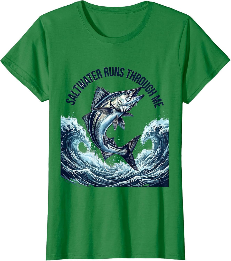 Women's Saltwater Runs Through Me Fishing Design T-Shirt - Kelly Green