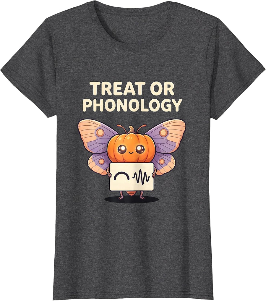 Women's Treat Or Phonology Cute Kawaii Halloween Speech Therapy SLP T-Shirt - Dark Heather Grey