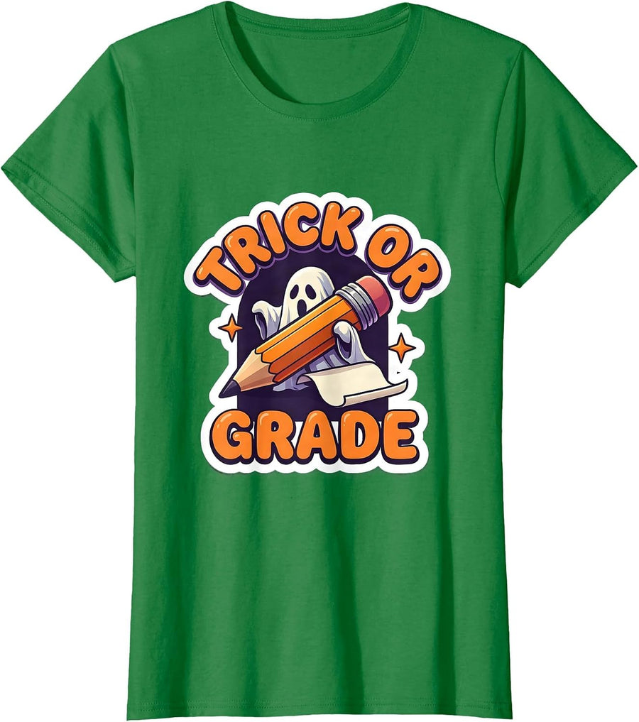 Women's Trick Or Grade Funny Teacher Halloween Ghost Costume T-Shirt - Kelly Green