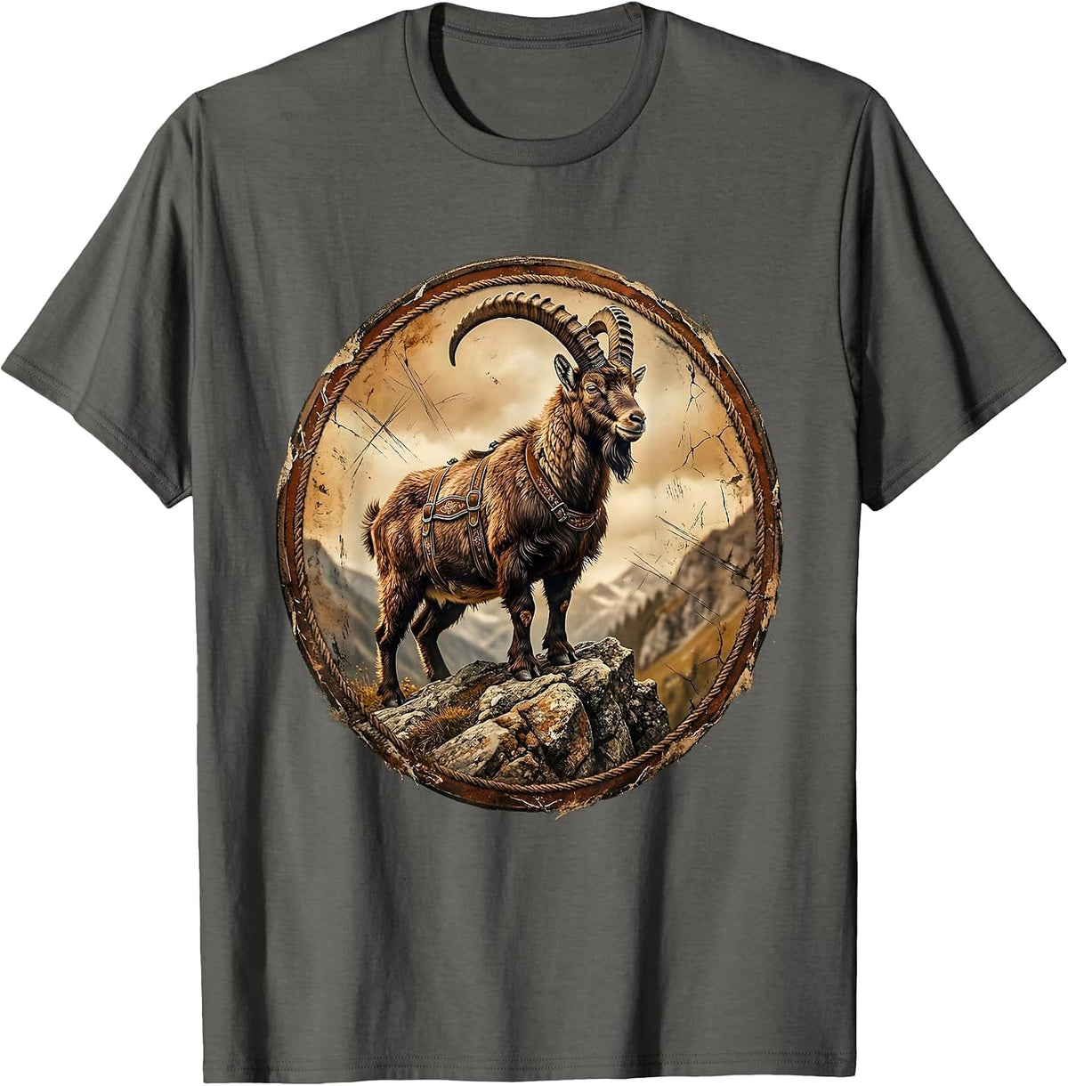 Goat in Lederhosen Rocky Hillside Illustration T-Shirt - Asphalt Grey