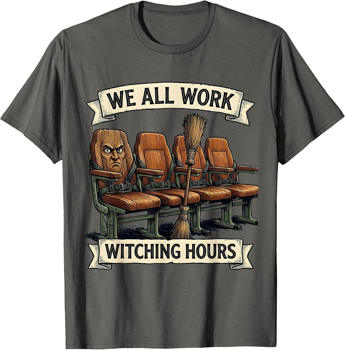 Men's We All Work Witching Hours Funny School Bus Driver Halloween T-Shirt - Asphalt Grey