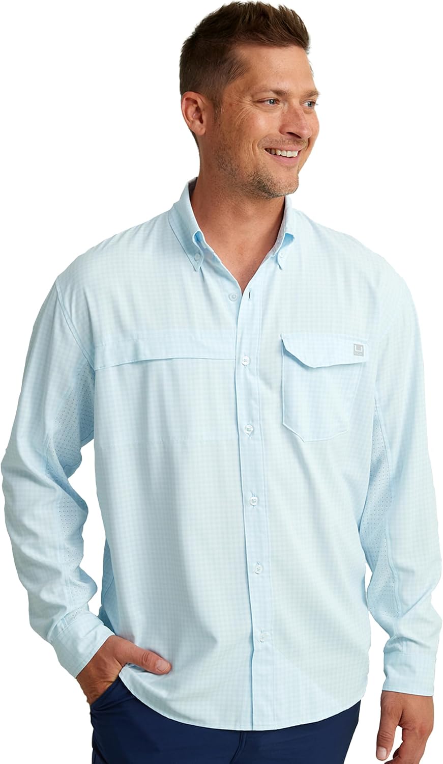 HUK Men's Tide Point Pattern Long Sleeve Shirt, Fishing Button Down - Mini Check - Ice Water