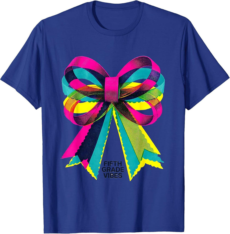 Fifth Grade Vibes Risograph Bow Back to School Girls Teacher T-Shirt - Royal Blue