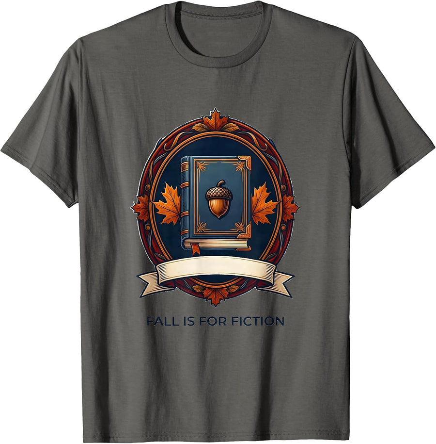 Fall Is For Fiction Cozy Book Lover Autumn Reading Humor T-Shirt - Asphalt Grey