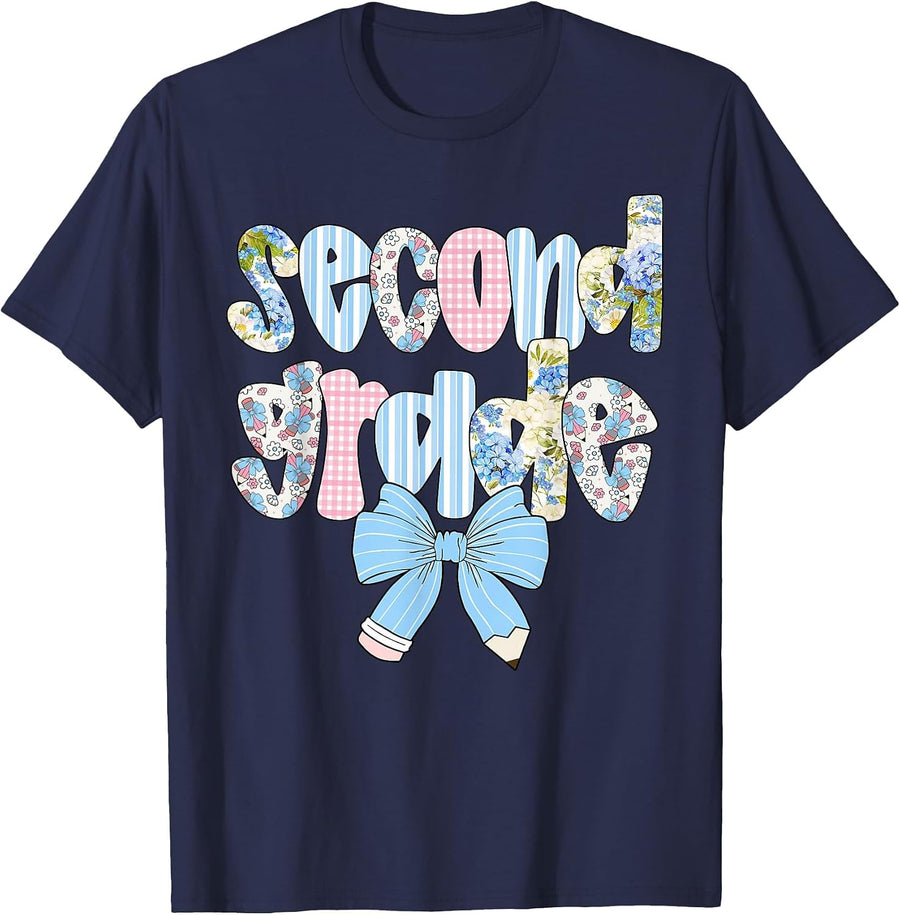 Second Grade Coquette Bow Pencil First Day Back to School T-Shirt - Navy Blue
