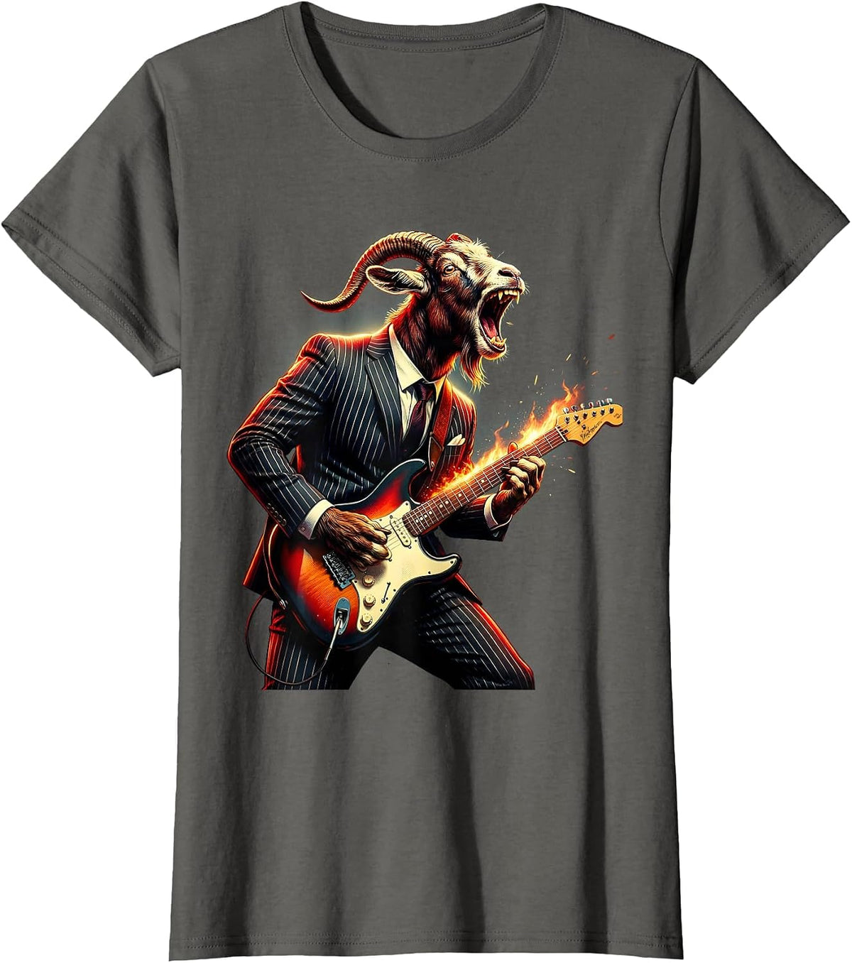 Women's Goat in a Suit Shredding Electric Guitar T-Shirt - Asphalt Grey