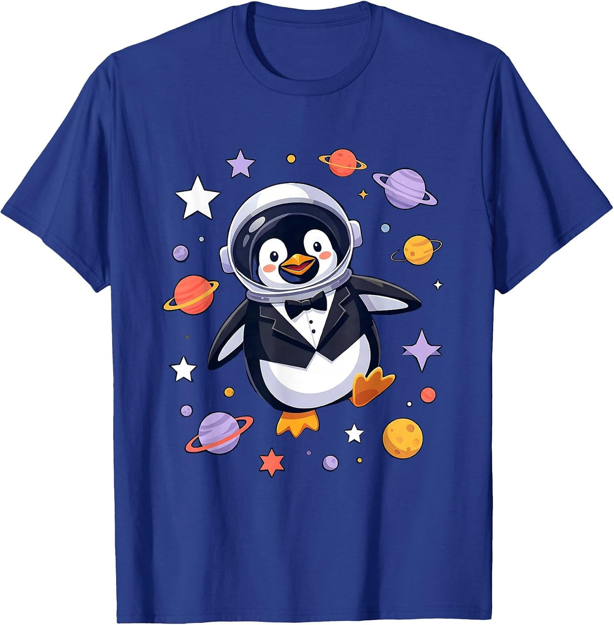 Men's Penguin Astronaut Floating in Outer Space T-Shirt - Royal Blue