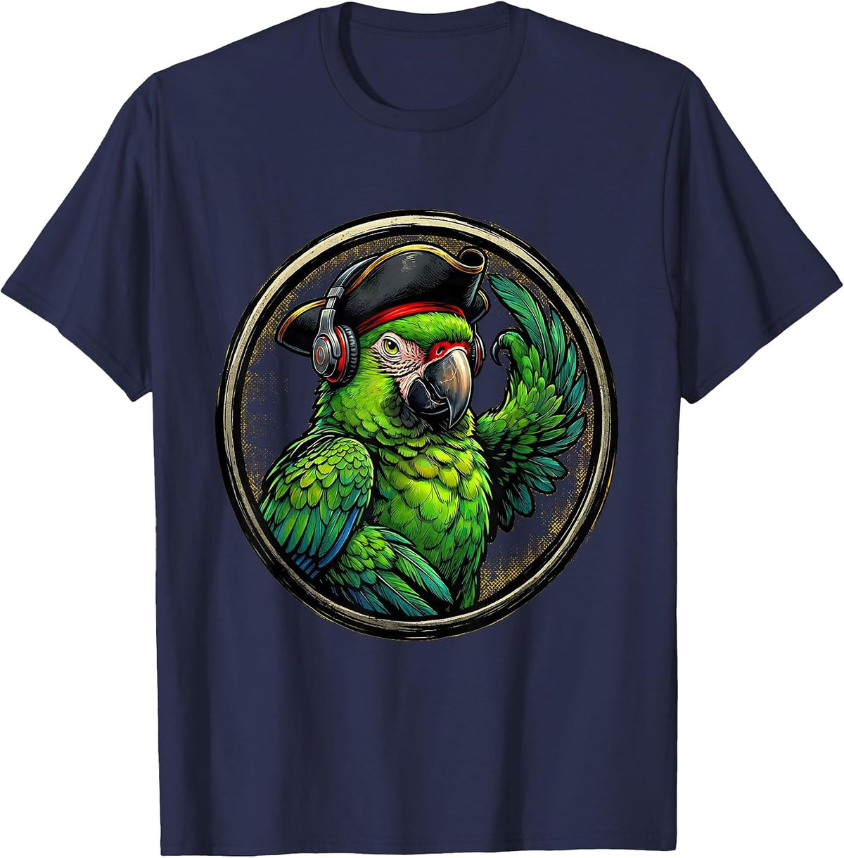 Funny Pirate Parrot With Tiny Earphones Graphic T-Shirt - Navy Blue