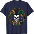 Mardi Gras Jester Skull Feathered Mask Design T-Shirt - Navy Blue