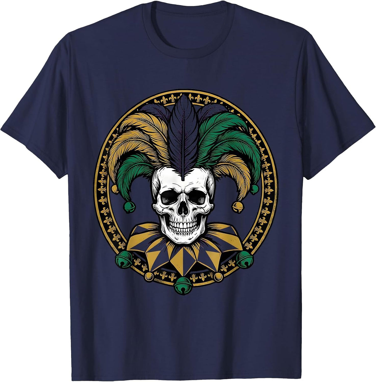 Mardi Gras Jester Skull Feathered Mask Design T-Shirt - Navy Blue