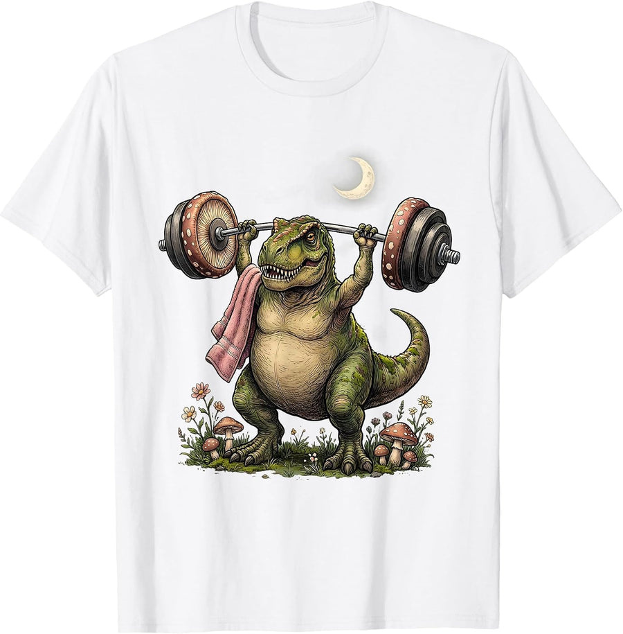 Dinosaur Weightlifting Gym T-Rex Funny Dino T-Shirt - White