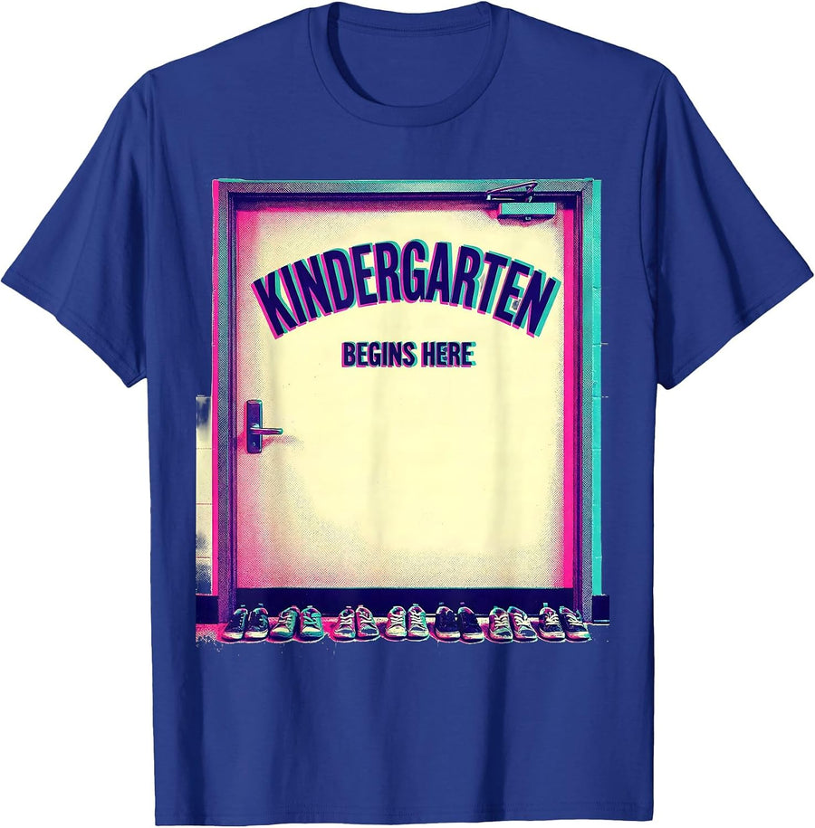 Kindergarten Begins Here Playful Risograph Teacher Identity T-Shirt - Royal Blue