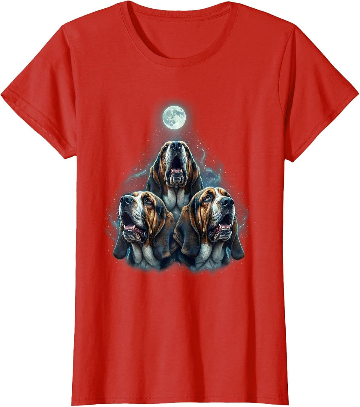 Women's Three Basset Hounds Howling At Moon Cosmic Pet Lover Meme T-Shirt - Red