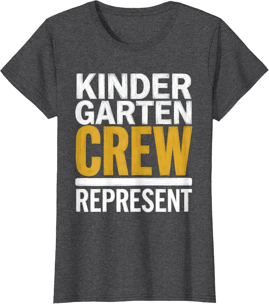 Women's Kindergarten Crew Represent Back to School Teacher T-Shirt - Dark Heather Grey