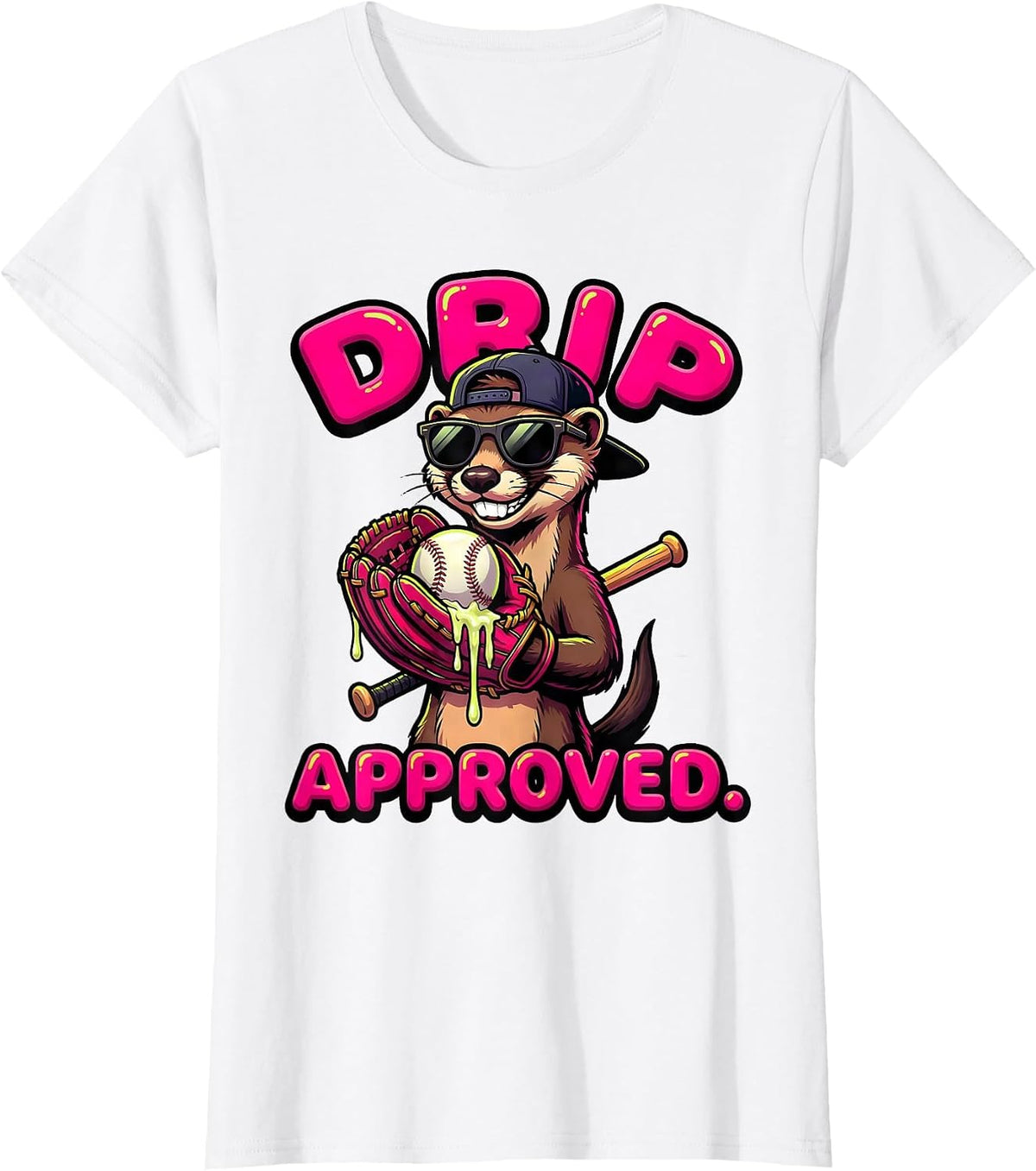 Drip Approved Cartoon Ferret Baseball Ice Cream Humor T-Shirt - White
