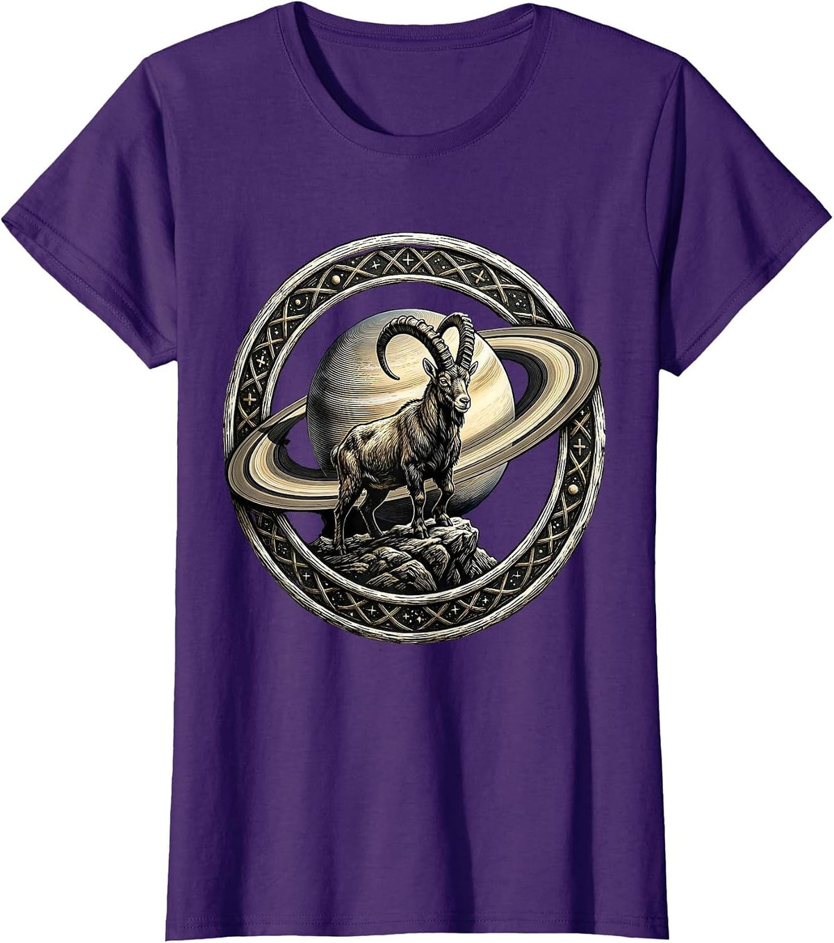 Women's Capricorn Goat Silhouette Saturn Zodiac Design T-Shirt - Purple
