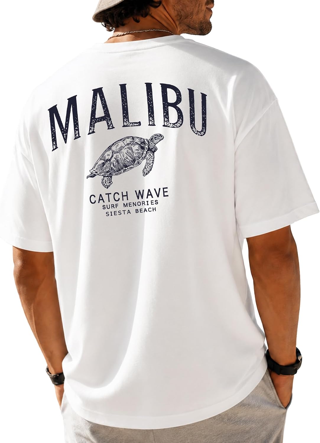 KUYIGO Mens Malibu Turtle Graphic T Shirt Beach Surf Vacation Tee - White