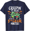 Creepin It Real Monster School 5th Grade Teacher Halloween T-Shirt - Navy Blue