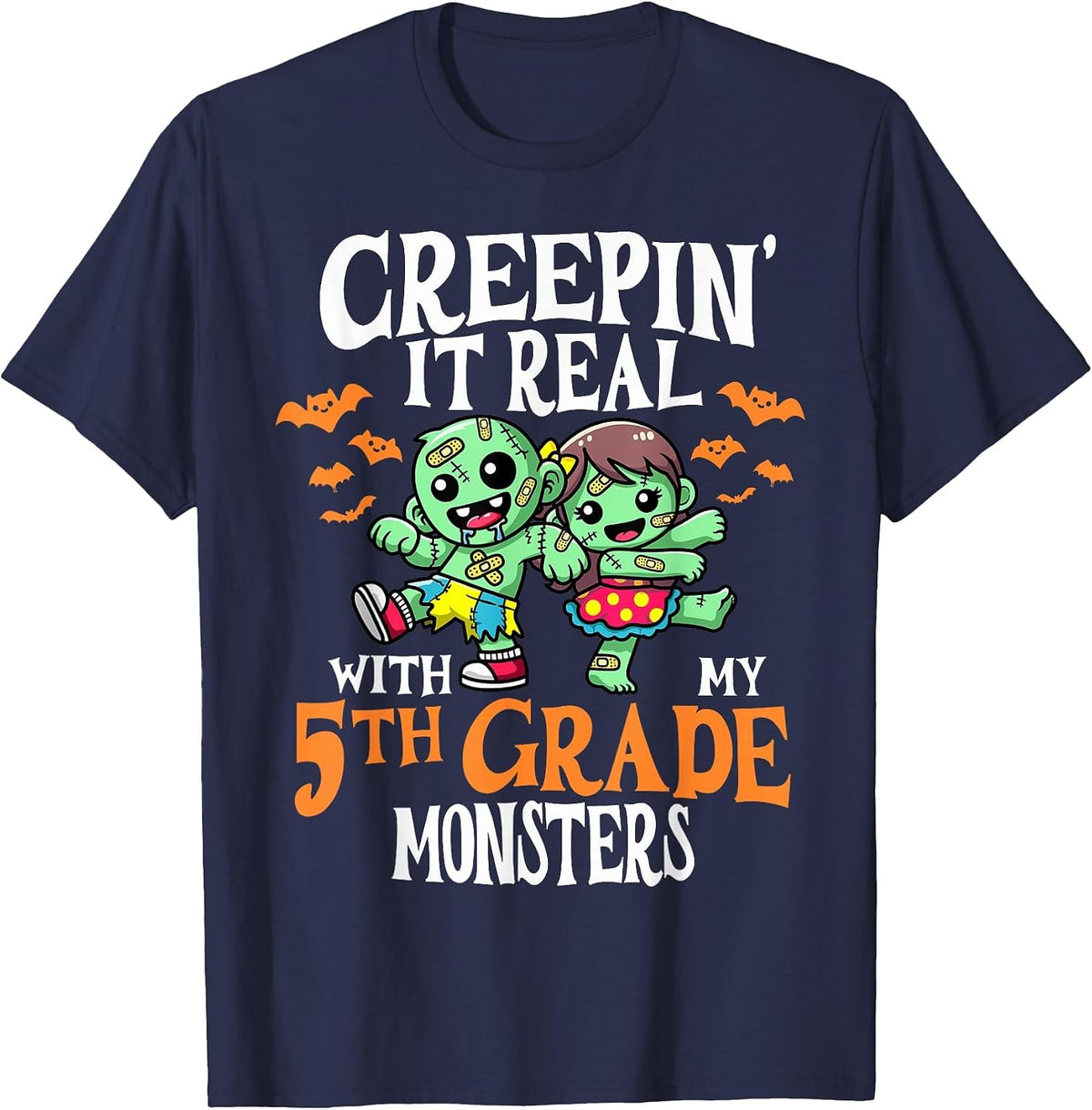 Creepin It Real Monster School 5th Grade Teacher Halloween T-Shirt - Navy Blue