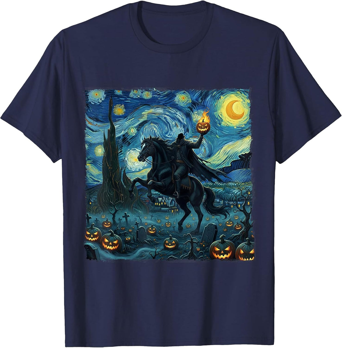 Scary Pumpkin Headless Horseman Halloween Starry Night T-Shirt - Navy Blue
