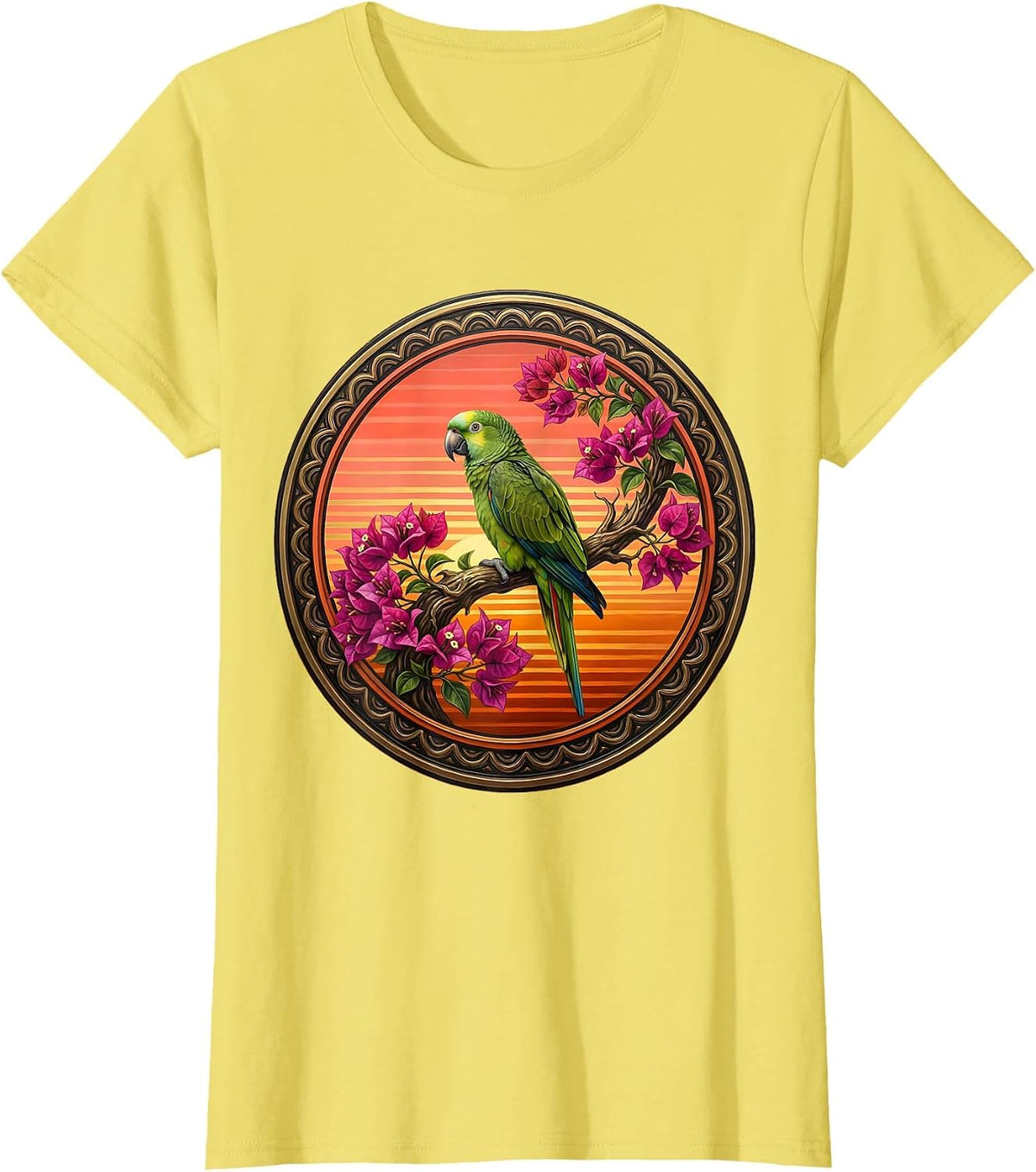 Parrot on Bougainvillea Mexico Floral Illustration T-Shirt - Lemon Yellow